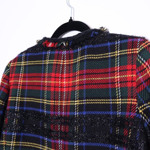 J CREW Lady Jacket Lurex Stewart Tartan Red Black Fringe Open Blazer Women's 4 - Picture 11 of 16